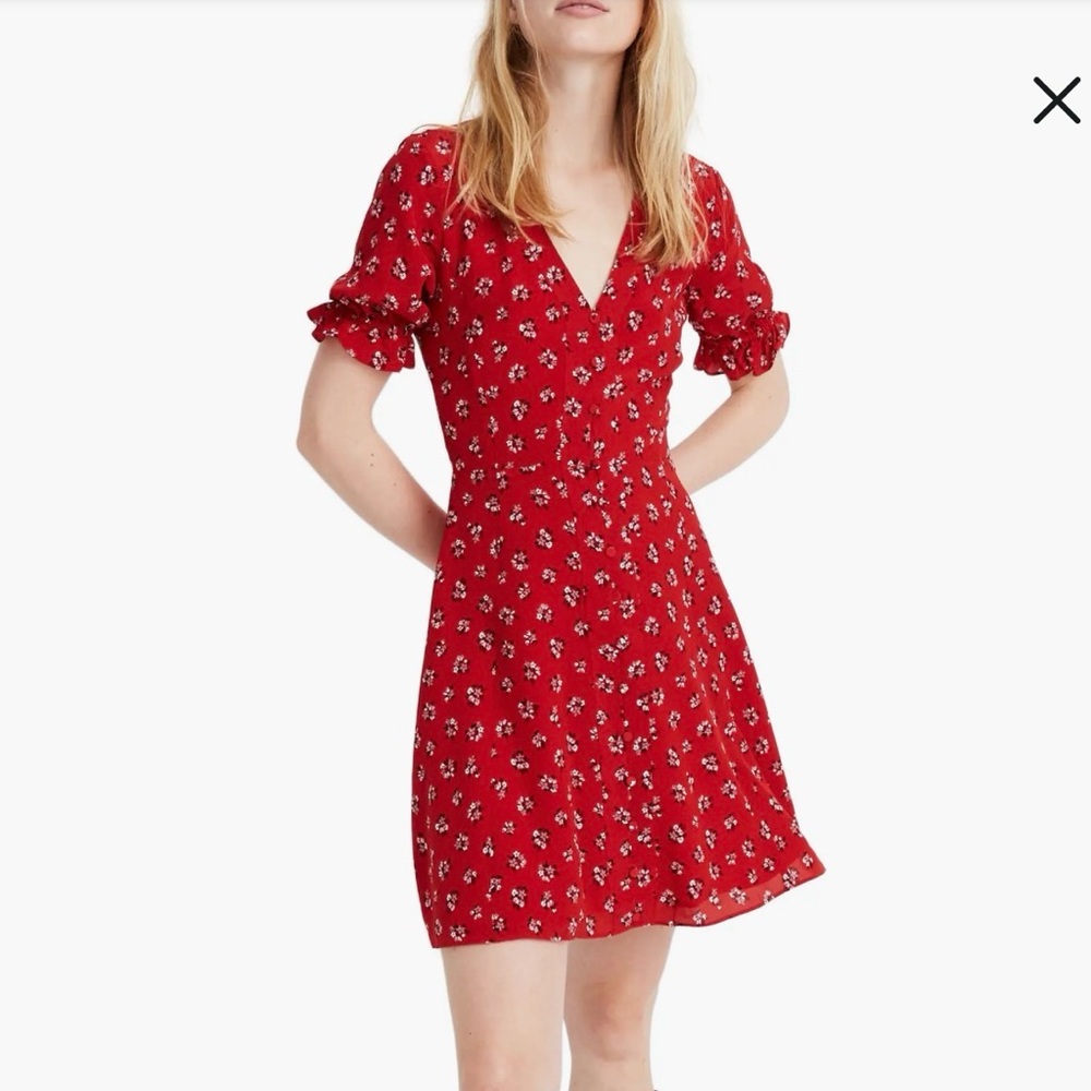 Madewell Silk Red Floral Button Front V Neck Mini Dress Size 2